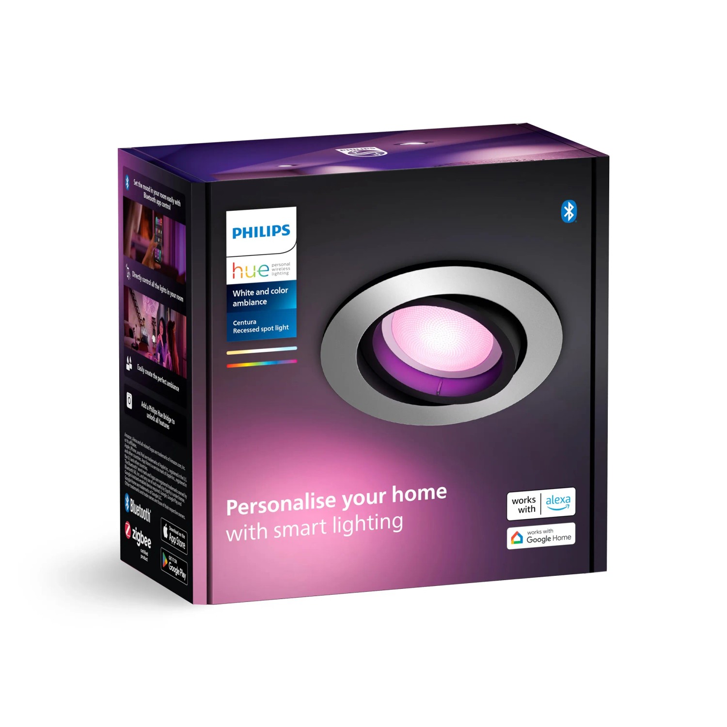 Verpackung des Philips Hue Centura LED-Einbauspots mit Farbwiedergabe und Aluminiumrahmen.