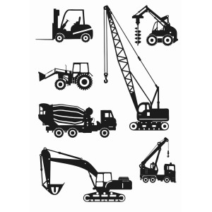 ESTAhome Wandtattoo Fahrzeuge, schwarz, 47,5x66cm, mit Bagger, Kran, Betonmischer, Traktor und Gabelstapler.