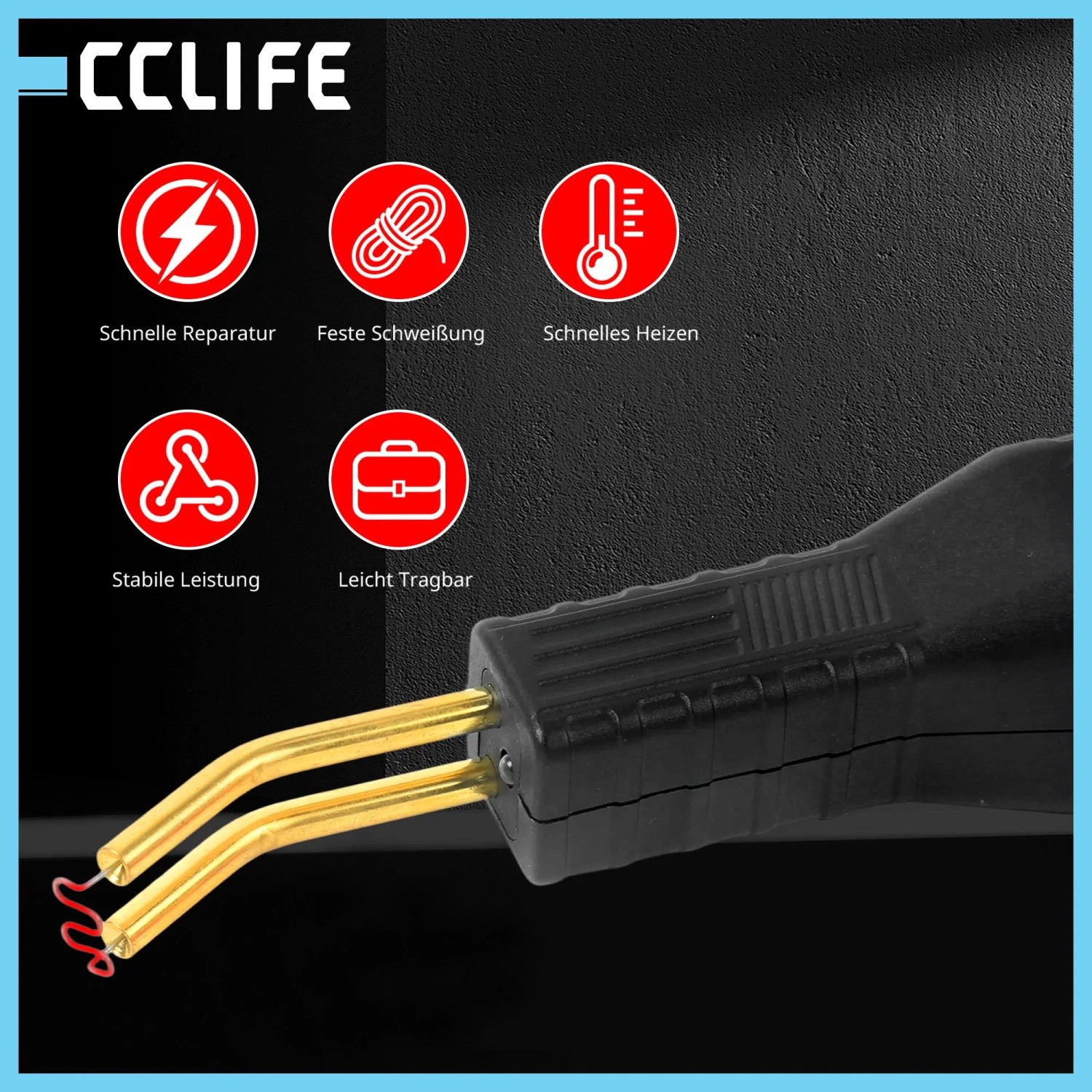 CCLIFE Kunststoff Reparatur Schweißgerät mit goldenen Elektroden und roter Klammer. Für schnelle, feste Reparaturen.