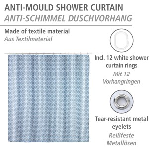 Wenko Anti-Schimmel Duschvorhang Cristal, blau-weiß gemustert, mit 12 Ringen.