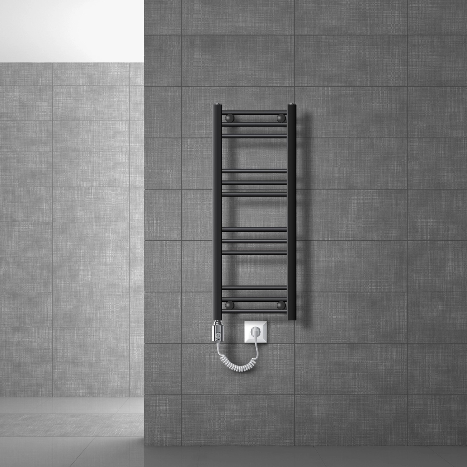 Elektrischer LuxeBath Badheizkörper, 300x800 mm, Anthrazit, mit geraden Stäben und 300W Leistung.