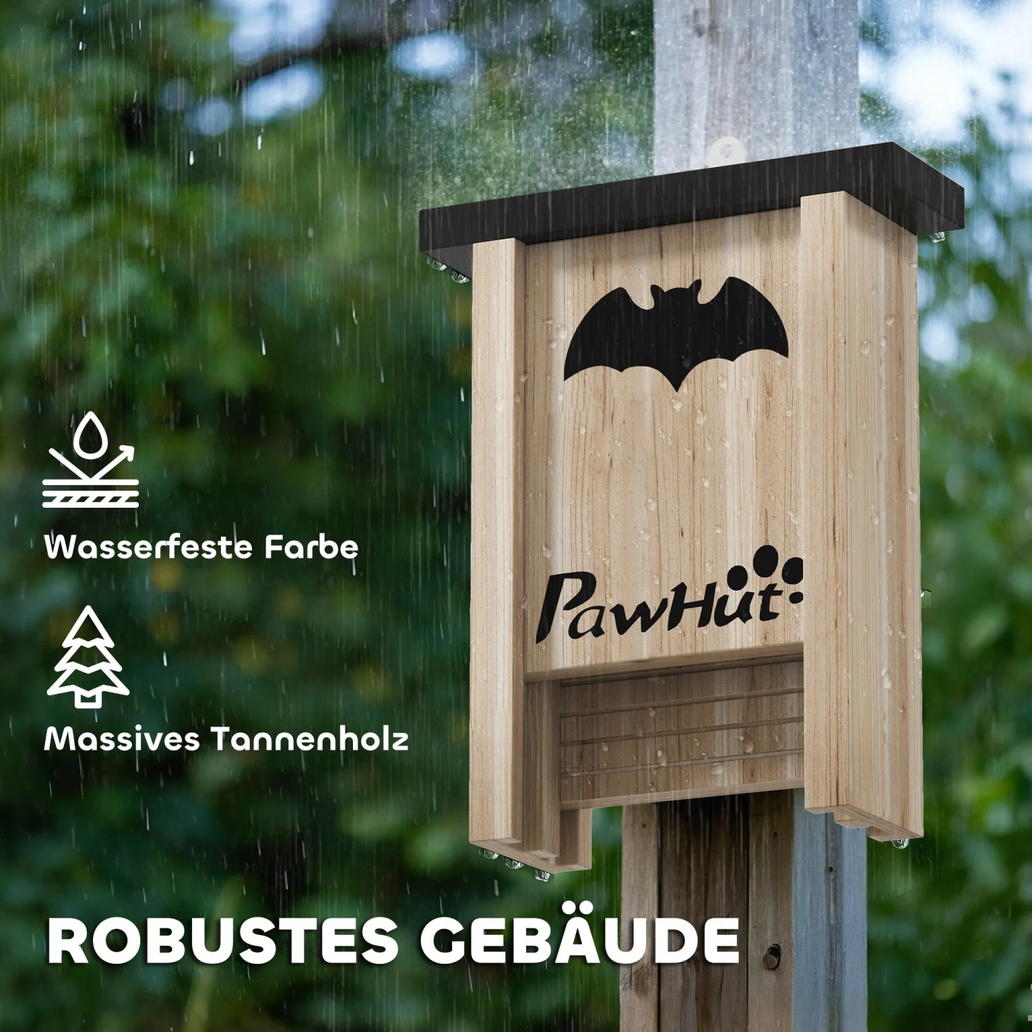 PawHut Fledermauskasten aus Tannenholz, Naturholz, mit Fledermaus-Motiv, an Baum befestigt.