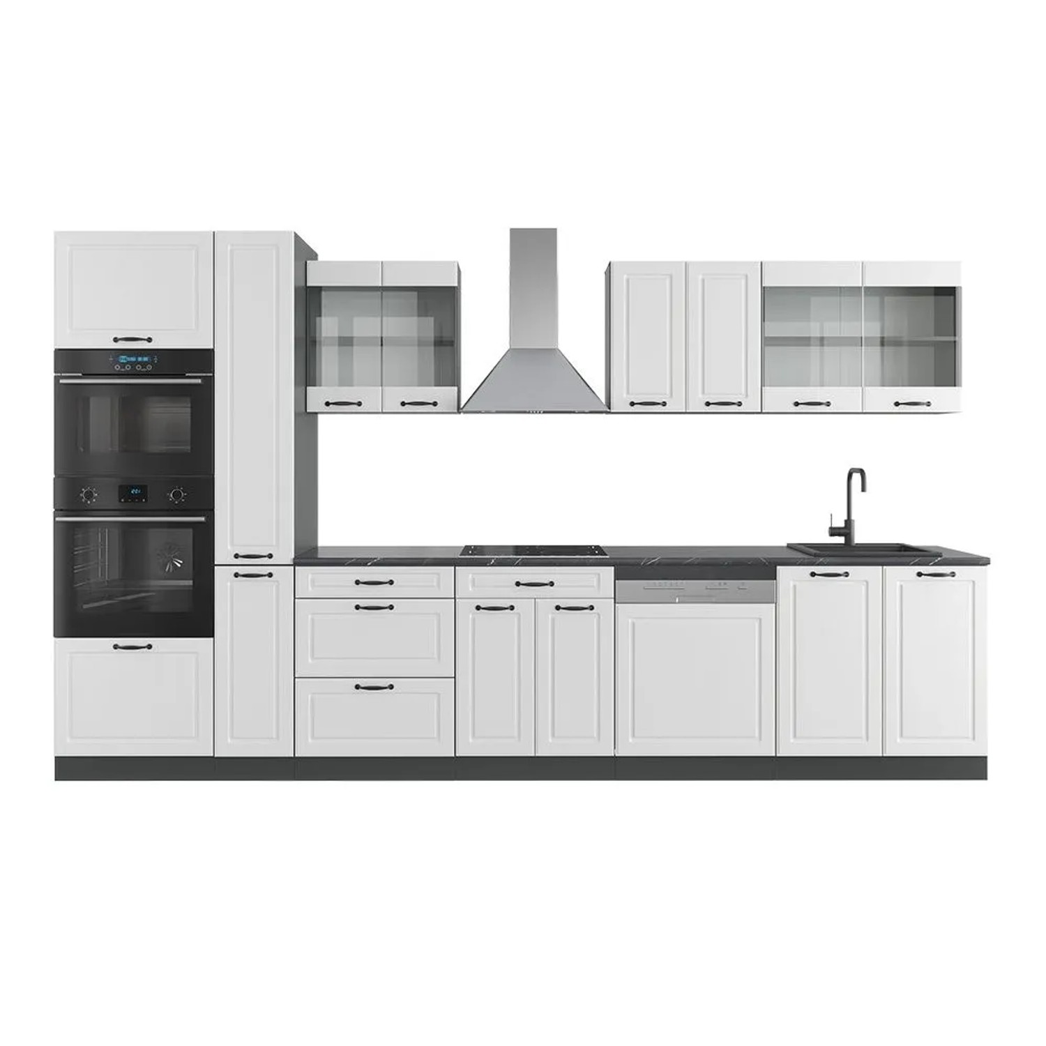 Vicco R-Line Küchenzeile Weiß Landhaus Anthrazit 350 cm mit Hochschrankohne Arbeitsplatte ohne E-Geräte