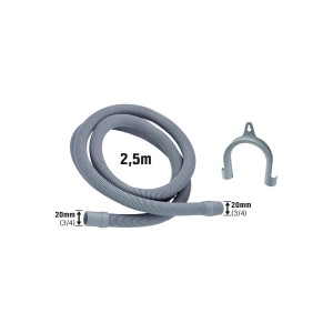 Grauer Ablaufschlauch, 2,5 m lang, mit zwei 20 mm Muffen und Halterung für Waschmaschine/Spülmaschine.