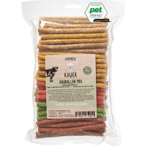 Primox Kaurollen-Mix, 100 Stück: Getrocknete Hunde-Snacks aus Rinderhaut in verschiedenen Farben.