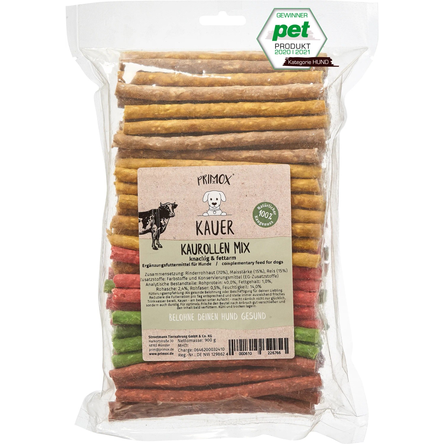 Primox Kaurollen-Mix, 100 Stück: Getrocknete Hunde-Snacks aus Rinderhaut in verschiedenen Farben.