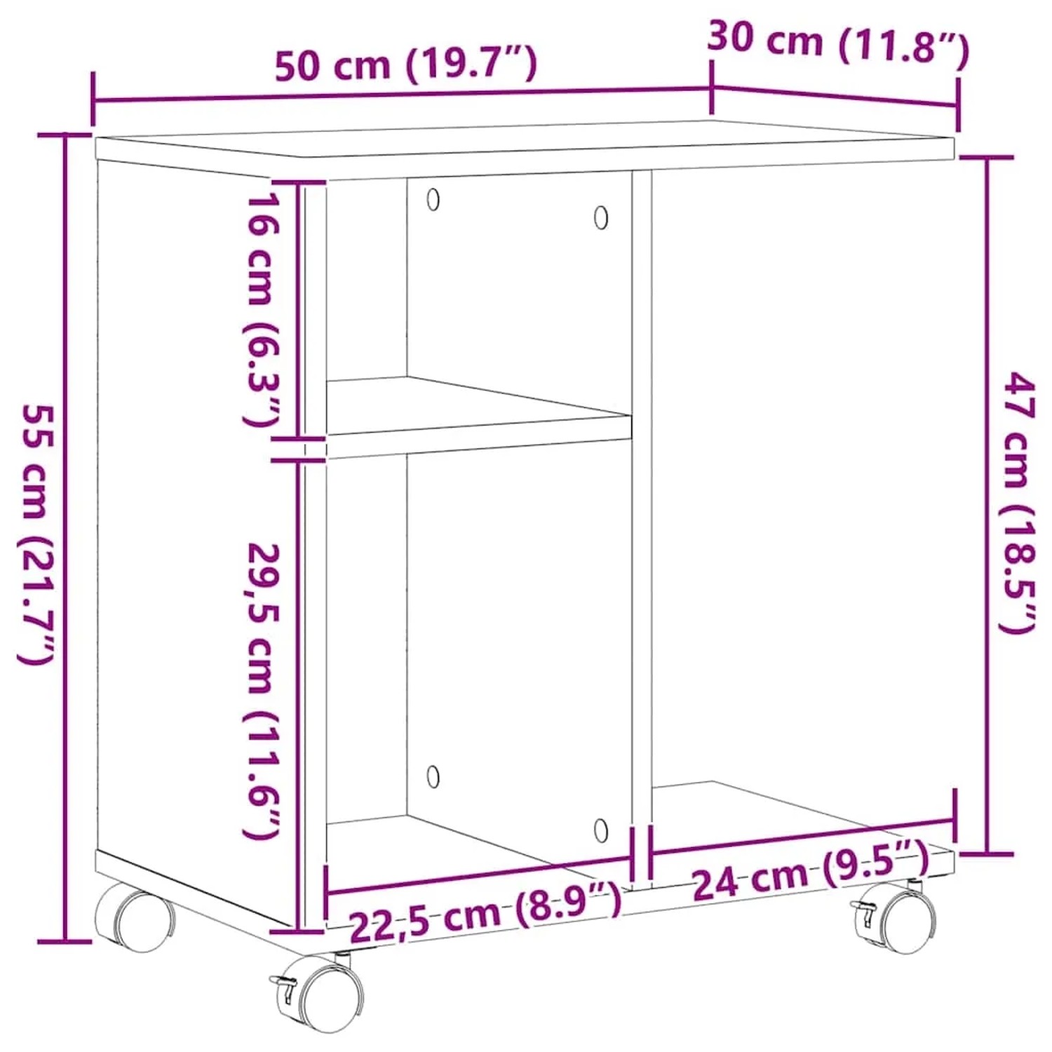 Maße des vidaXL Beistelltisch Eiche handwerklich 50x30x55 cm aus Holzwerkstoff. Mobiler Tisch mit Regal und Rollen.