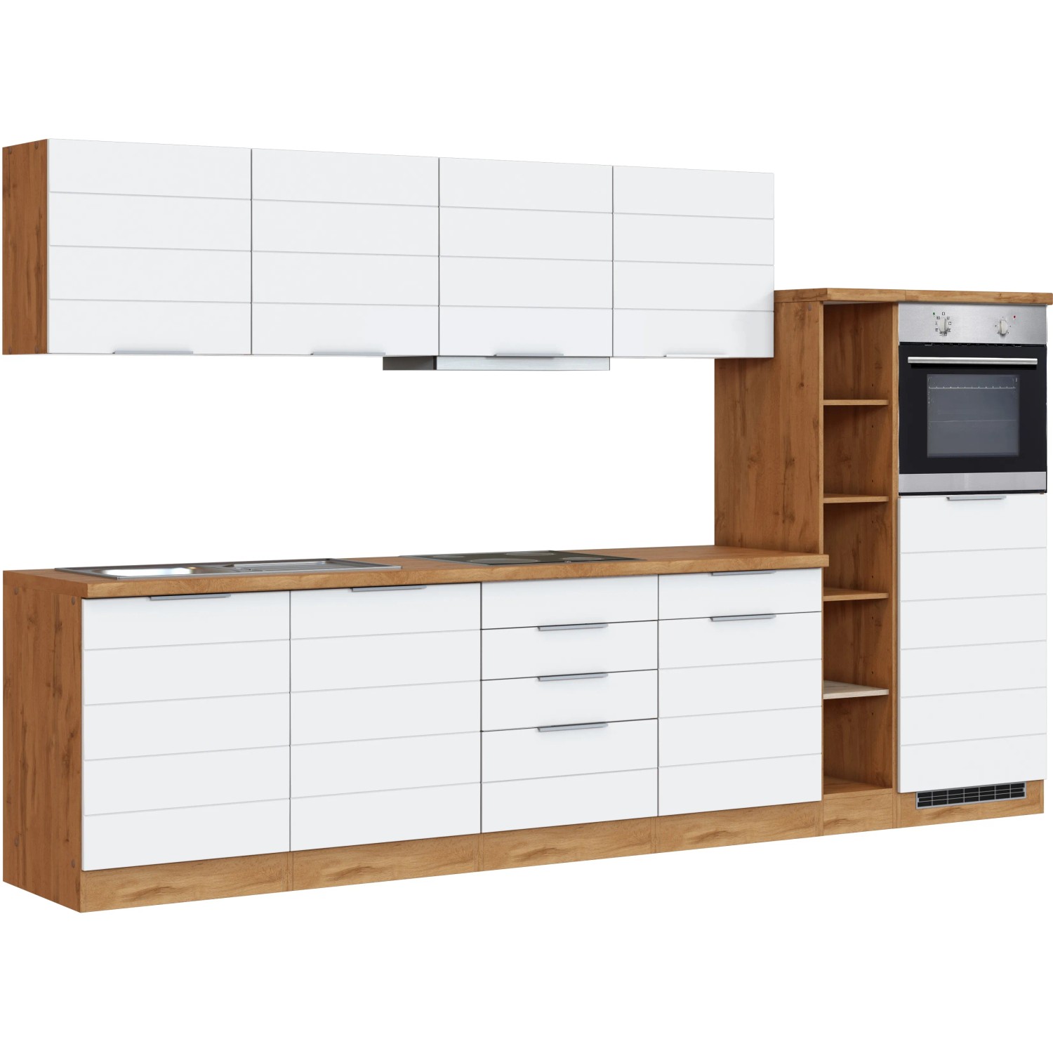 Moderne Küchenzeile in Weiß und Wotaneiche, 330 cm breit, mit E-Geräten.