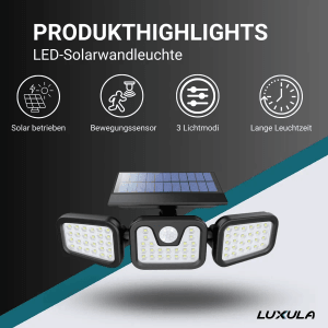 LUXULA LED Solar Wandleuchte mit 3 Lichtköpfen, Bewegungsmelder und separatem Solarpanel.