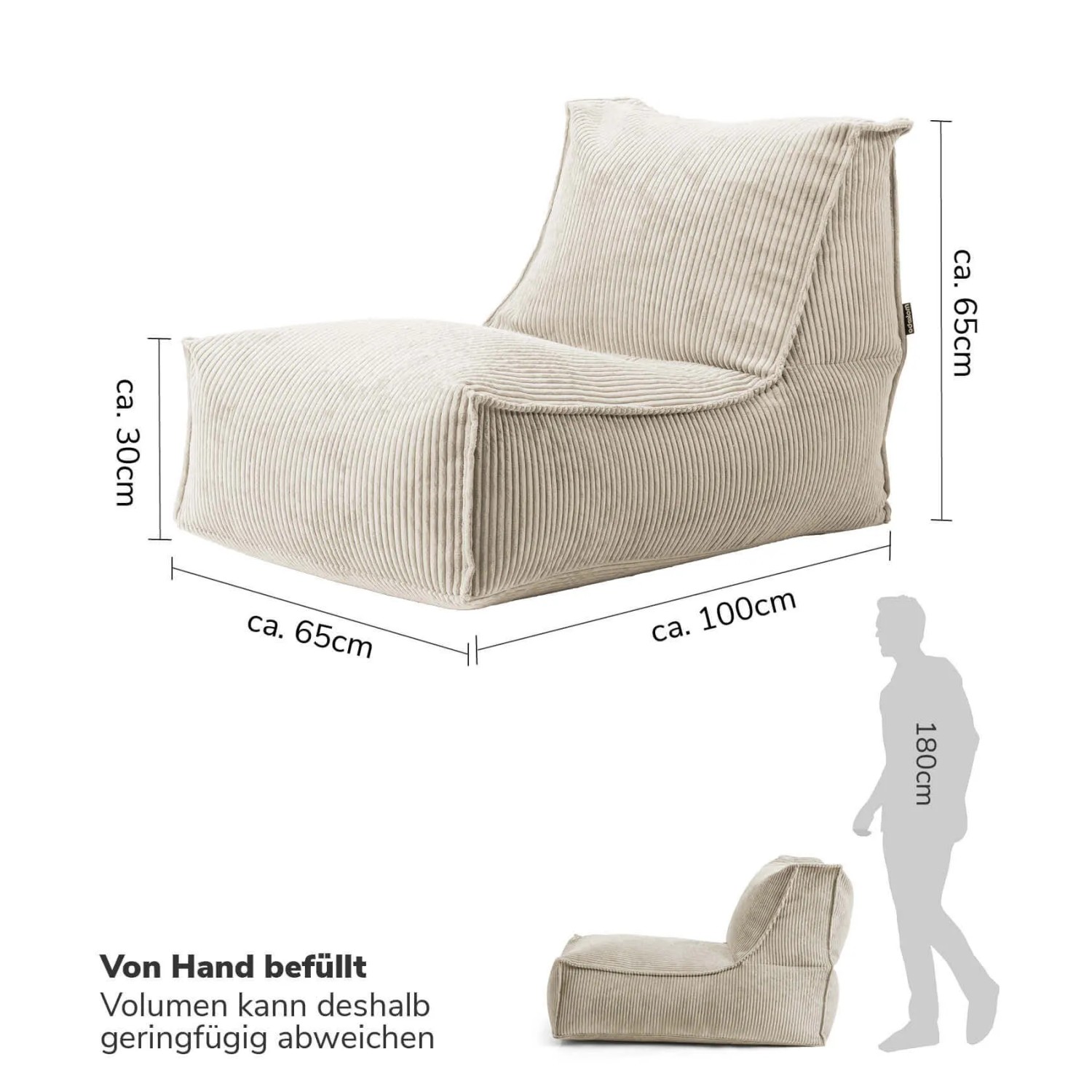 Beiger mokebo Sitzsack aus Cord mit Maßen, Relaxliege oder Bodenkissen für Garten.