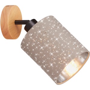Brilo Spot Stofa, taupefarbene Wandleuchte mit Holzsockel und Sternenmuster.