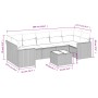 vidaXL 8-tlg. Garten-Sofagarnitur Grau Poly Rattan mit Kissen und Tisch, Maße eingezeichnet.