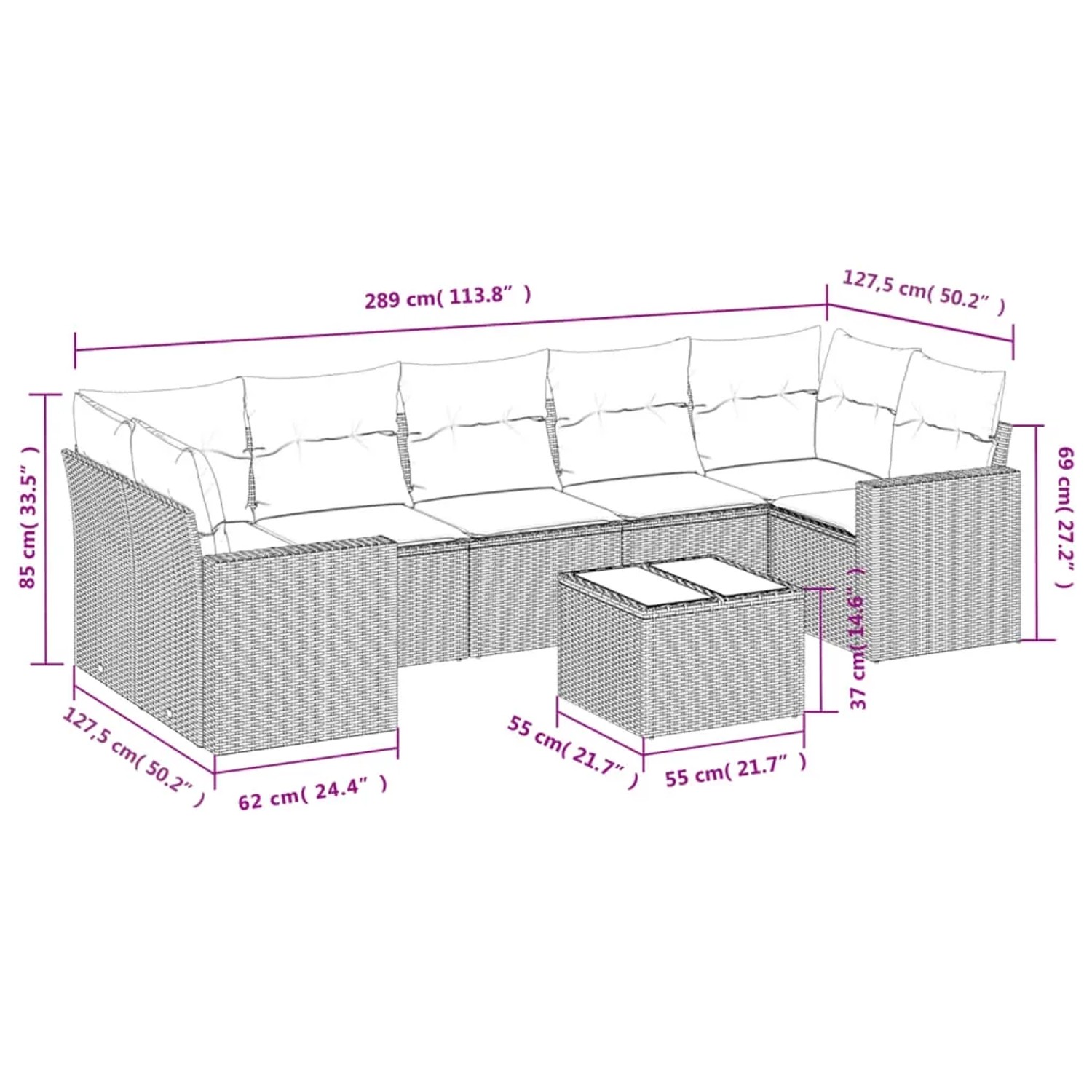 vidaXL 8-tlg. Garten-Sofagarnitur Grau Poly Rattan mit Kissen und Tisch, Maße eingezeichnet.