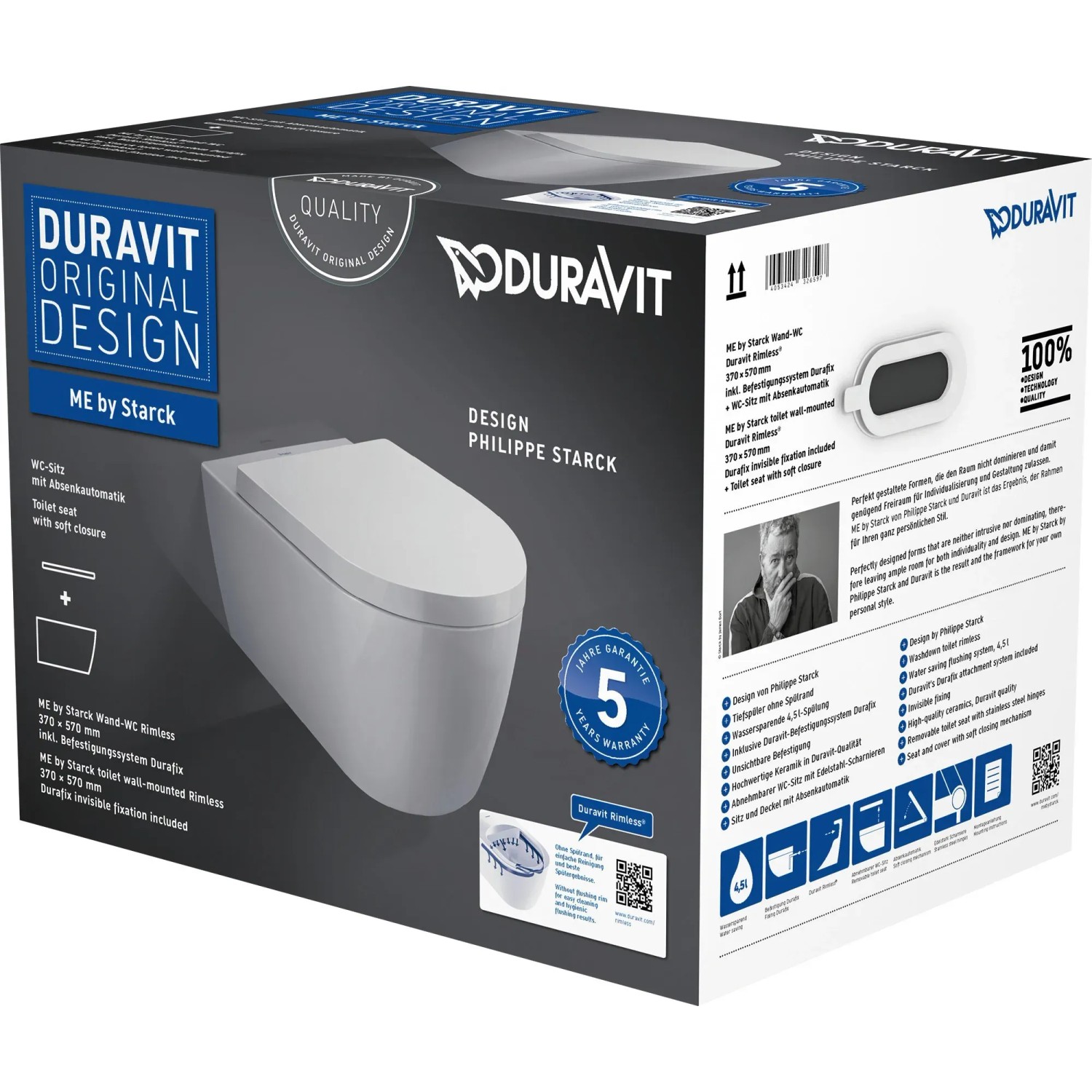 Duravit Wand-WC Me by Starck spülrandlos verdeckte Bef. Tiefspüler