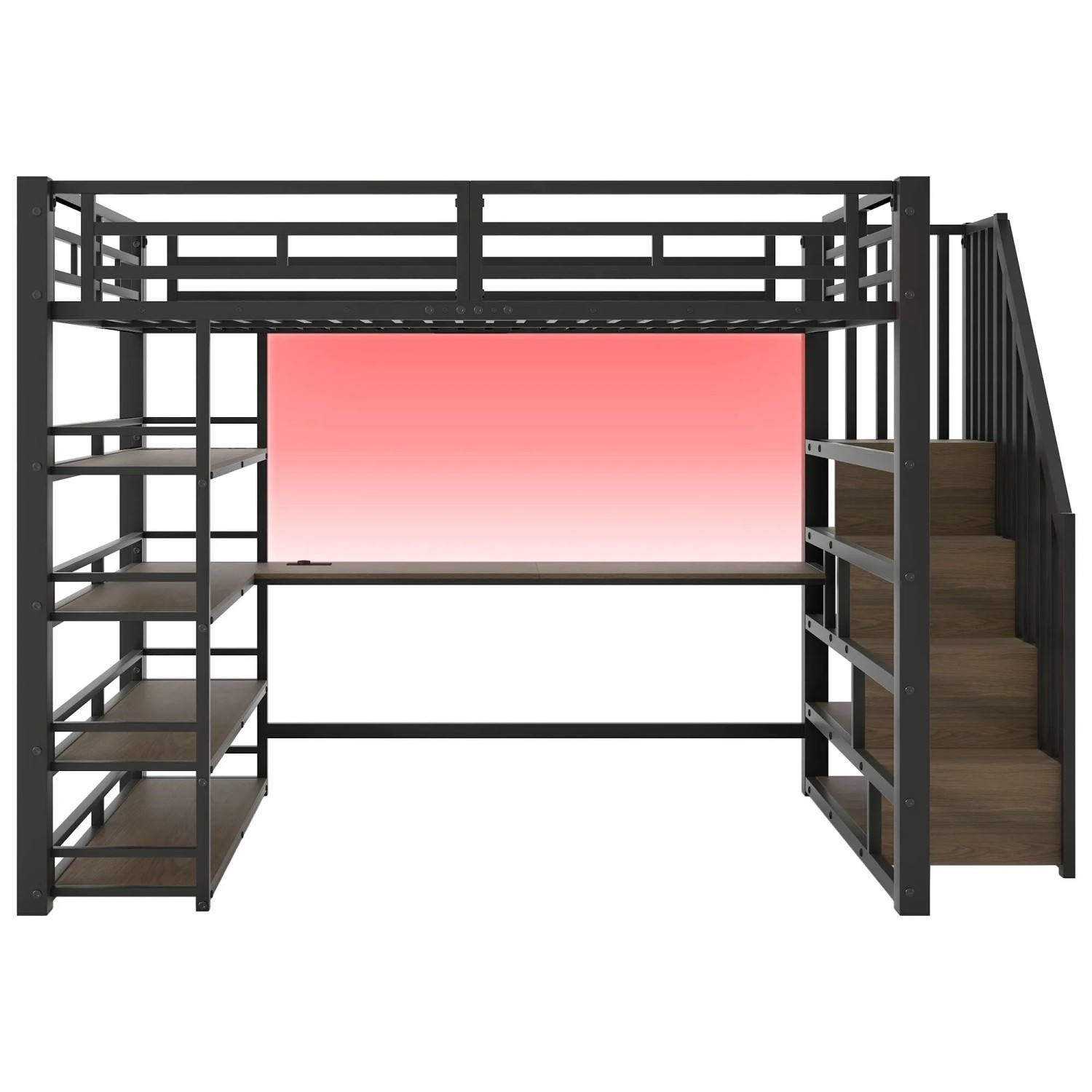 Merax Metall Hochbett 140x200 cm Mit Treppe Schreibtisch Staufächern USB LED Schwarz