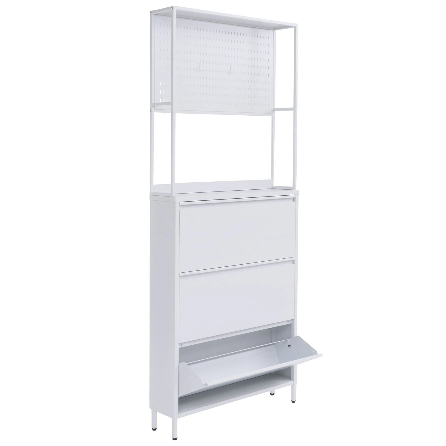 Mcw Schuhschrank O86 3 Kippfächer Ablage Haken Metall 201x80x20cm Weiß
