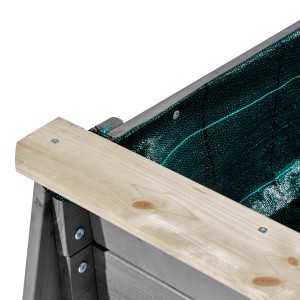 Detailaufnahme des Exit Hochbeet Aksent XL aus Holz, Fokus auf die Holzstruktur und grüne Innenverkleidung.