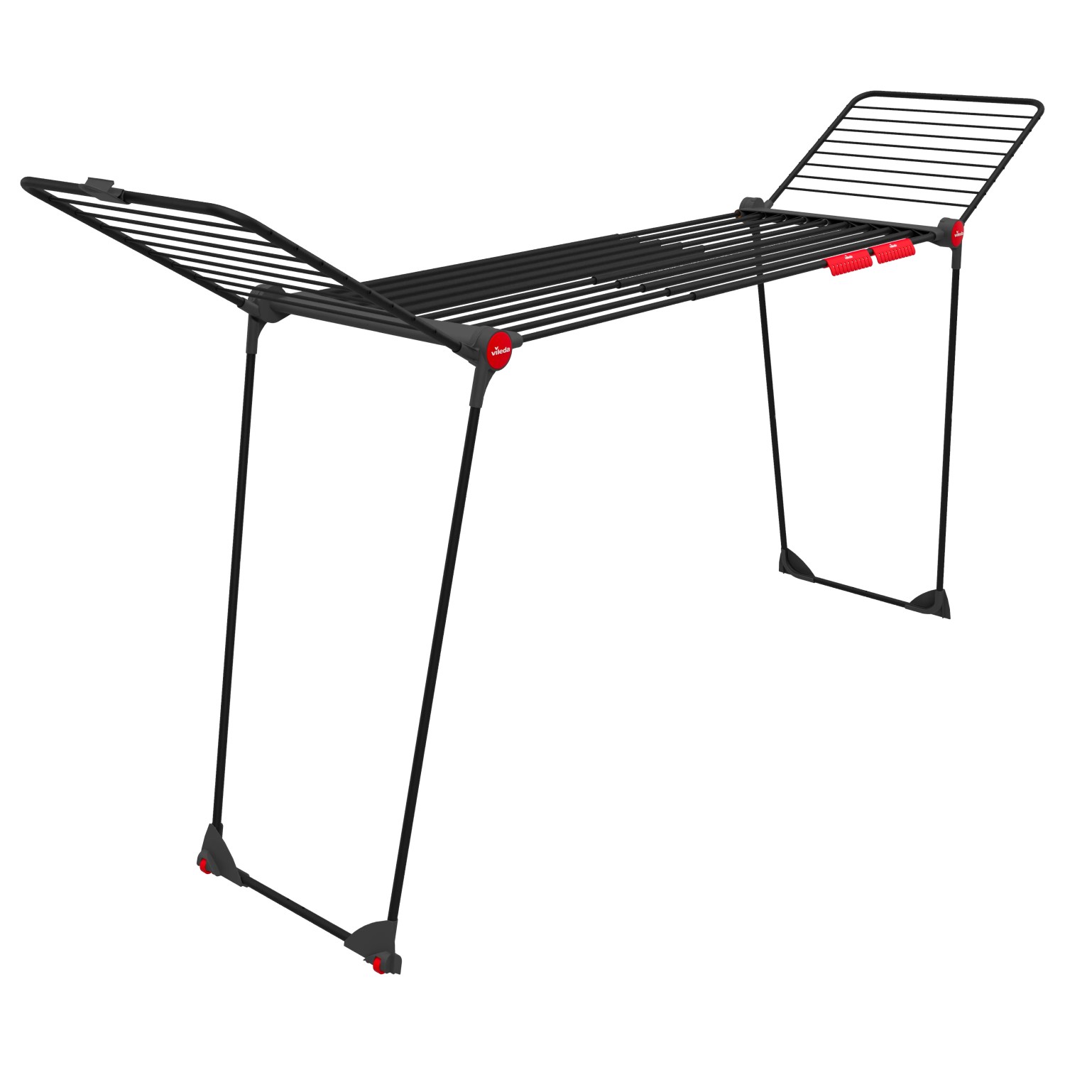 Schwarzer Vileda Wäschetrockner Infinity Flex Ultimate mit ausgeklappten Flügeln.