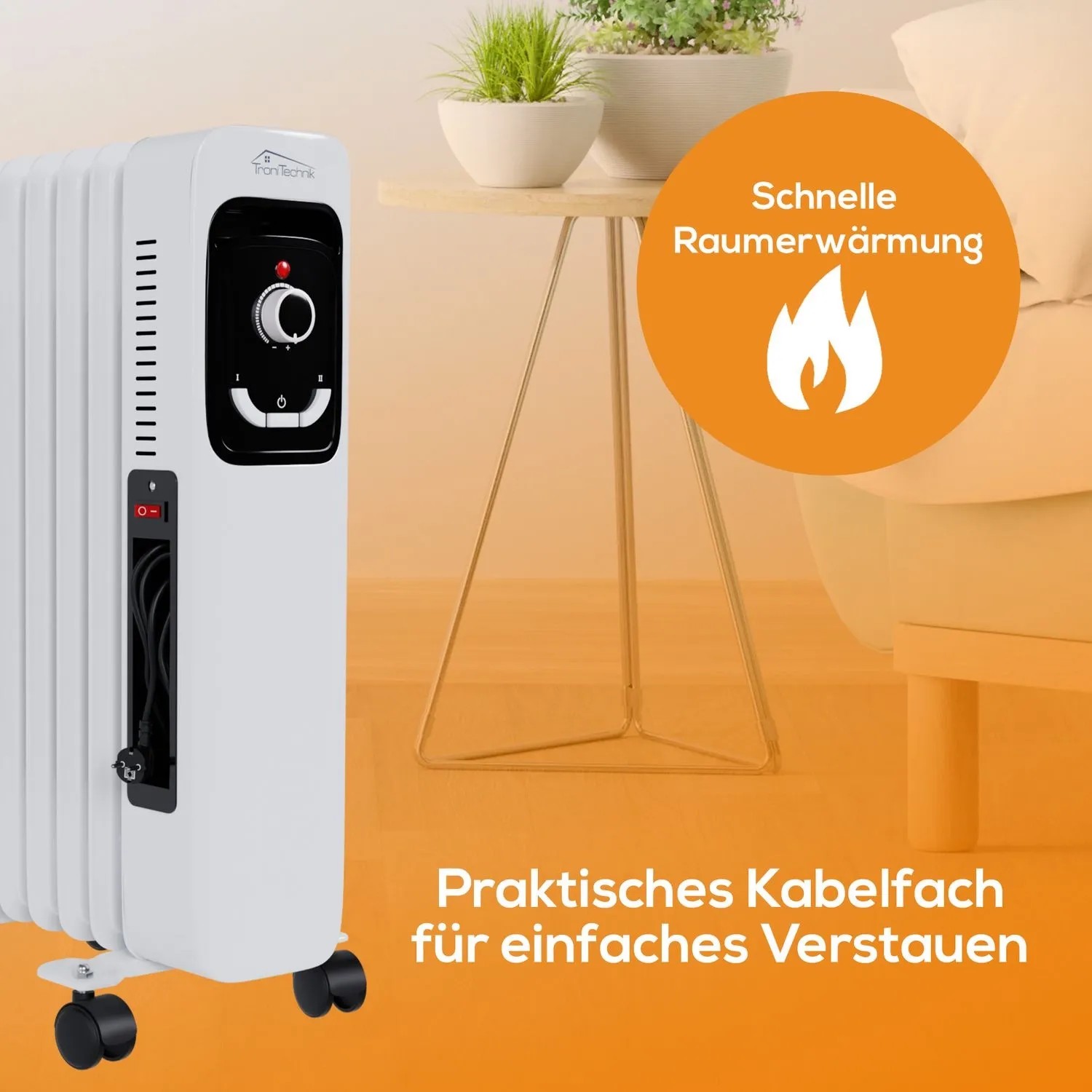 Weißer TroniTechnik Ölradiator TT OR 211 mit 11 Rippen und drei Heizstufen.