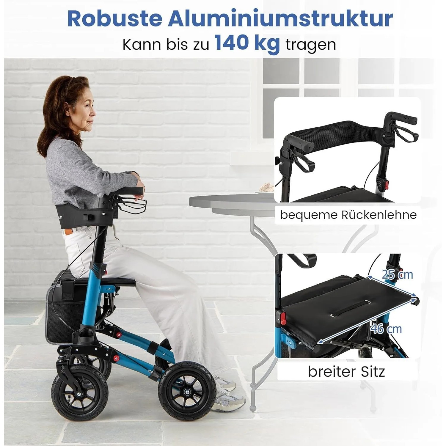 Blauer faltbarer Rollator mit Luftbereifung. Robuste Aluminiumstruktur, bequemer Sitz und Rückenlehne für Senioren.