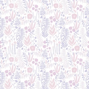 Tadessi Vliestapete mit floralem Muster aus rosa und lila Blumen und Blättern auf weiß.