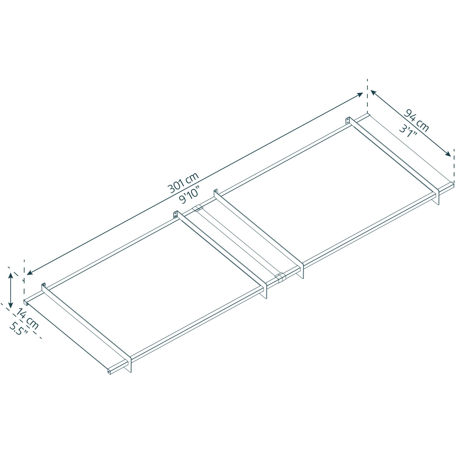 Technische Zeichnung des Palram Canopia Vordachs Nancy, 301x94 cm, zur Veranschaulichung der Maße.