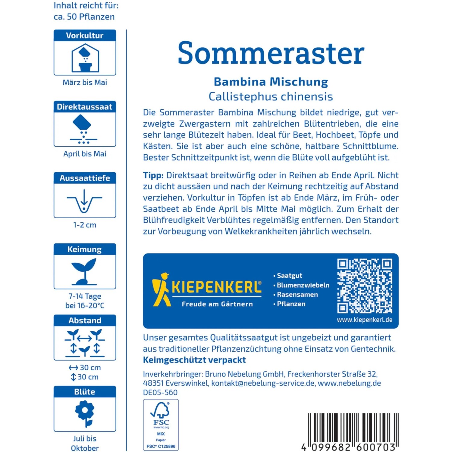 Kiepenkerl Sommeraster Bambina Mischung Saatgut, blühende Blumenmischung für Beet und Balkon.