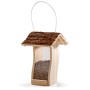 CULT at home Vogel Futterhaus aus hellem Holz mit braunem Rindendach, transparenten Scheiben, gefüllt mit Streufutter, zum Hängen.