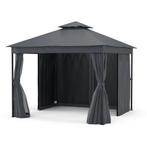 Dunkelgrauer Blumfeldt Mondo Dual Pavillon 3x3 m mit Doppeldach und Moskitonetzen.