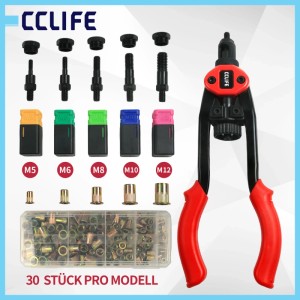 CCLIFE Nietmutternzange Set mit rot-schwarzer Zange, 150 Nietmuttern M5-M12 und Zubehör für Metallbau.