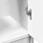 Detailaufnahme: Weißer Waschbeckenunterschrank (vidaXL) mit Türscharnier. Badmöbel für mehr Stauraum.