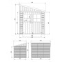 Technische Zeichnung: Timbela Anbau-Gartenhaus M339A, 6 m², Holz, mit Maßen und Ansichten.