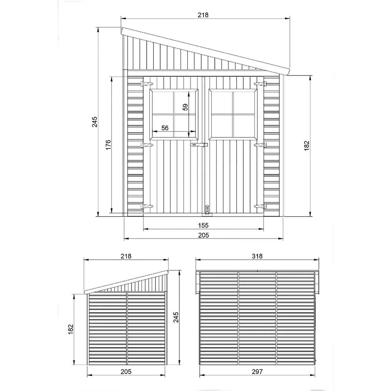 Technische Zeichnung: Timbela Anbau-Gartenhaus M339A, 6 m², Holz, mit Maßen und Ansichten.