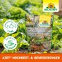 Neudorff Azet Hochbeet- und Gemüse Dünger 1,75 kg im Beutel vor Beet mit Gemüse.