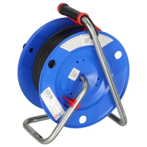 Blaue Garant Kabeltrommel 25m IP44 für Gewerbe/Baustellen mit Tragegriff und Steckdosen.