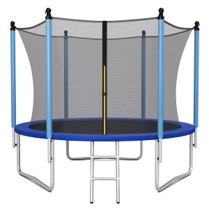 Rundes Outdoor Trampolin Ø305 cm mit blauem Rand, schwarzem Sprungtuch, Sicherheitsnetz und Leiter.
