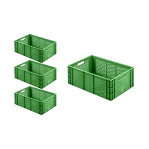 Set aus 4 grünen Eurobehältern/Obstkisten (40x60cm) aus Kunststoff, stapelbar, für Lagerung und Transport.