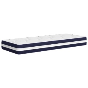 Weiße 90x200 cm Taschenfederkernmatratze mit blauem Rand für mittelfesten Schlafkomfort.