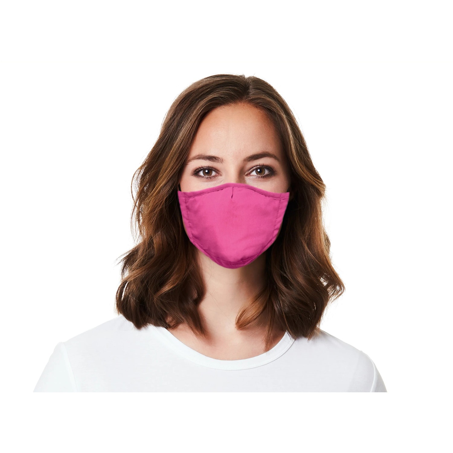 Frau mit pinkfarbenem Mund-Nasen-Schutz aus Baumwolle.