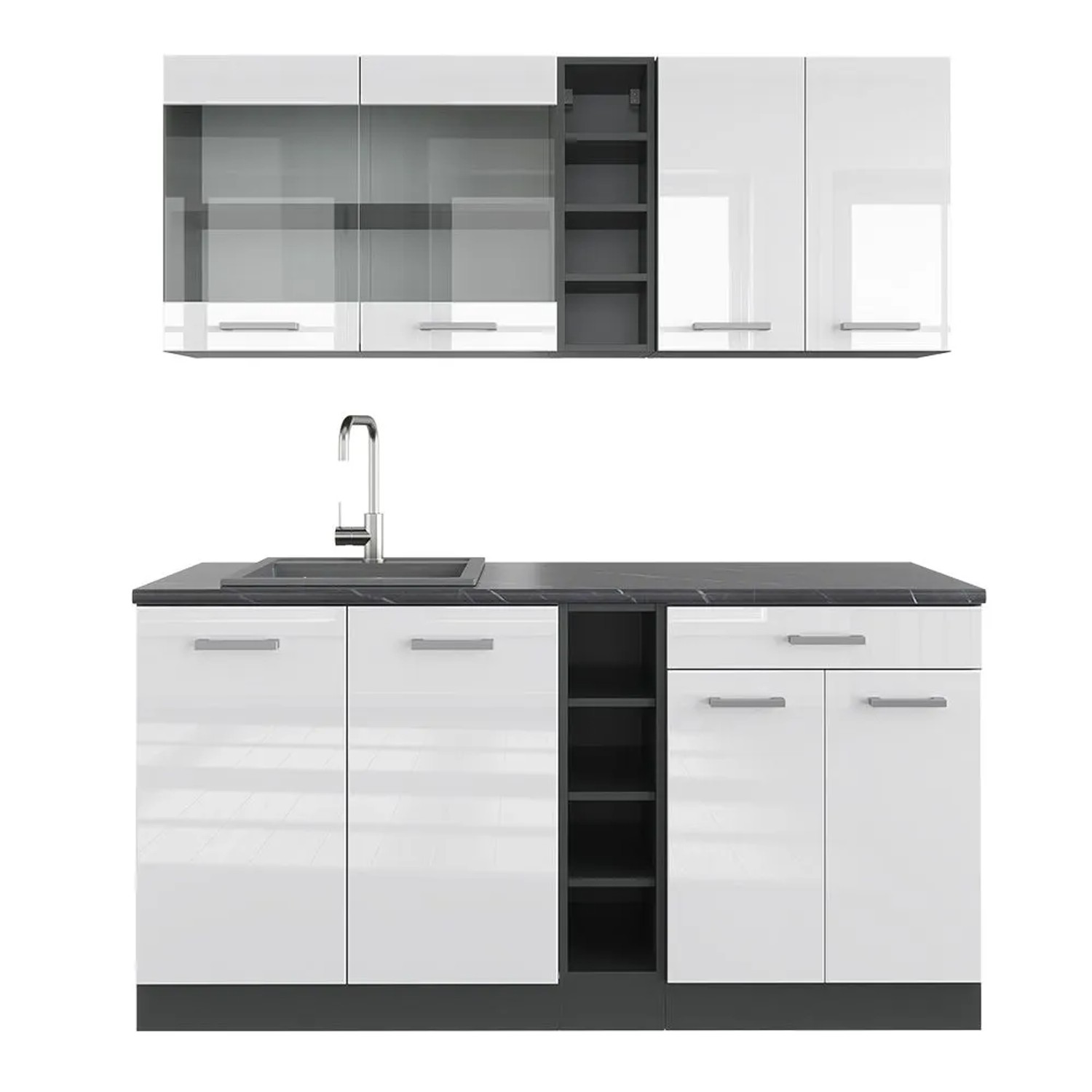 Vicco R-Line Singleküche Weiß Hochglanz Anthrazit 160 cm AP Anthrazit ohne E-Geräte