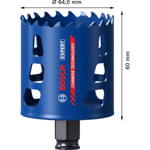 Blaue Bosch Expert Lochsäge Tough Material, Ø 64 mm, für präzise Löcher bis 60 mm Tiefe.