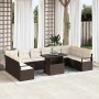 Braunes 11-teiliges vidaXL Garten-Sofa-Set aus Polyrattan mit Tisch und cremefarbenen Kissen.