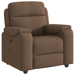 Brauner Relaxsessel aus Stoff mit manueller Liegefunktion und Seitentasche.