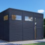 Modernes, anthrazitfarbenes Bertilo Holz-Gartenhaus Cubus 3 (337x234 cm) mit Fenster und Tür.