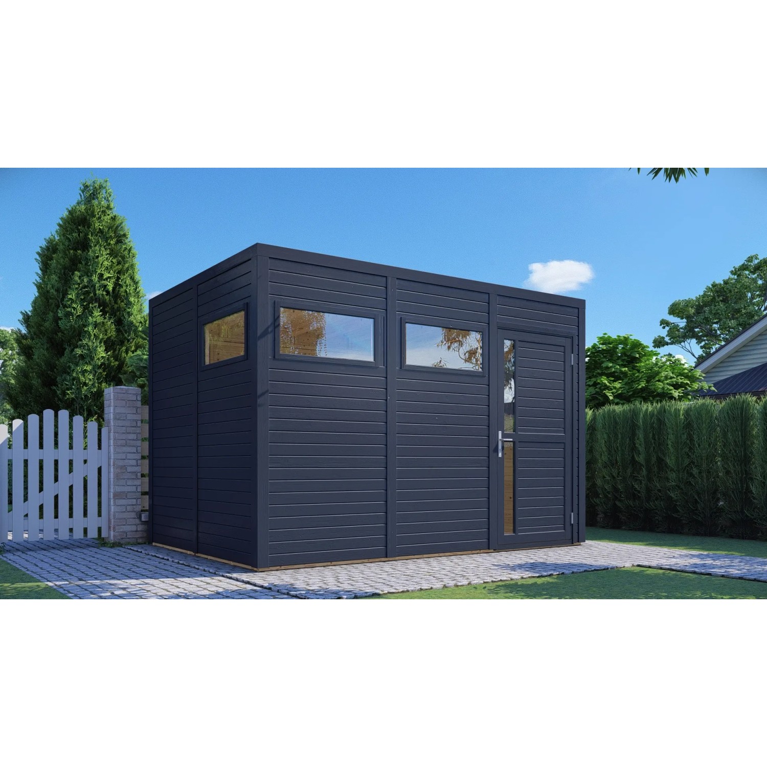 Modernes, anthrazitfarbenes Bertilo Holz-Gartenhaus Cubus 3 (337x234 cm) mit Fenster und Tür.
