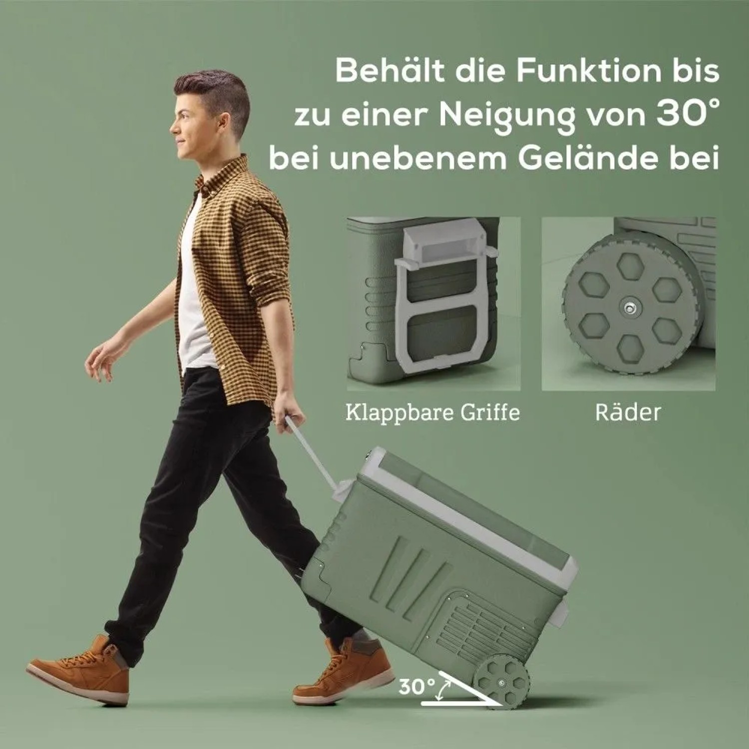 Grüne Outsunny Kühlbox aus Kunststoff mit Rädern und ausziehbarem Griff, von Mann gezogen. Mobil auf unebenem Gelände, bis 30° Neigung.