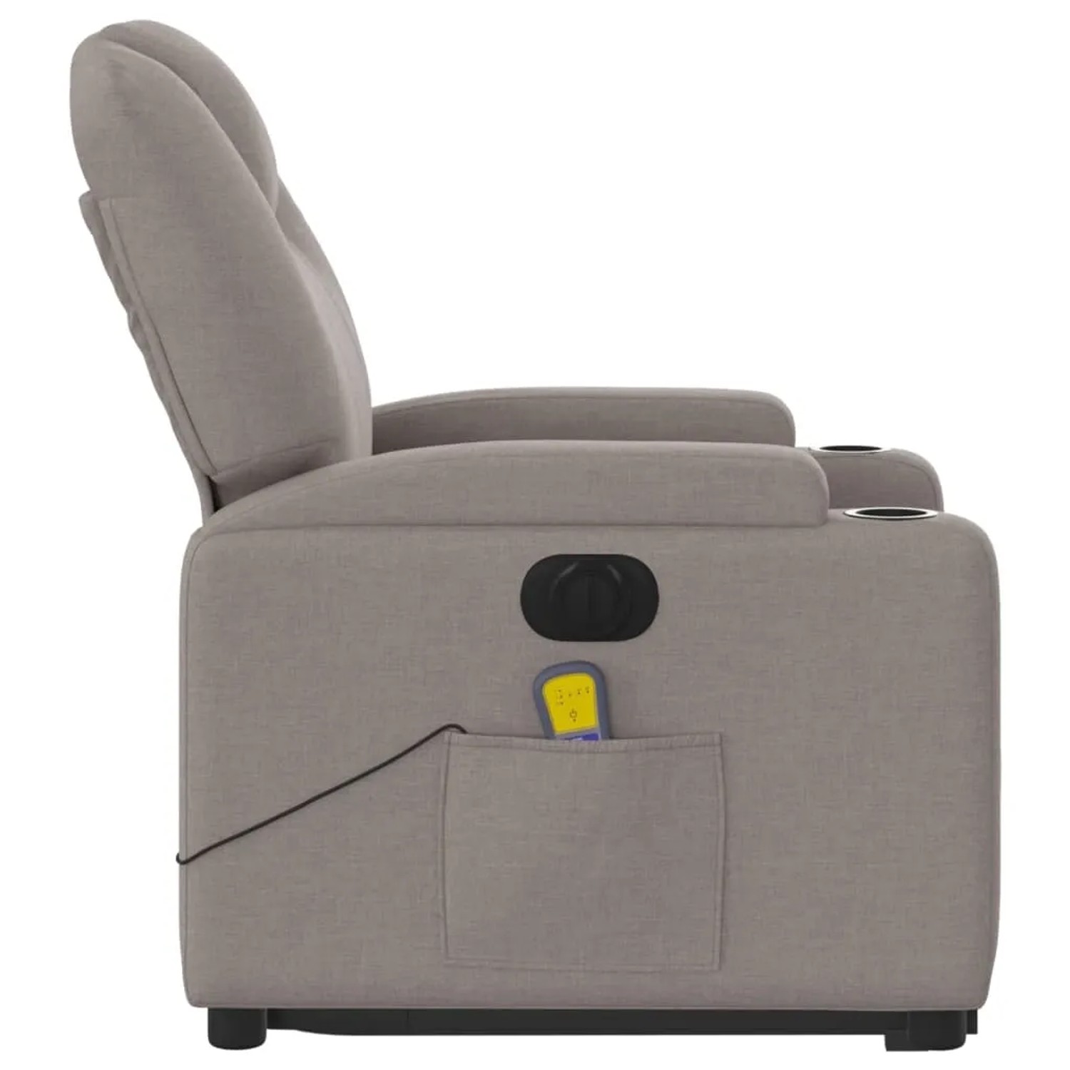 Elektrischer Massagesessel mit Aufstehhilfe, taupefarbener Stoff, mit Getränkehalter und Fernbedienung.