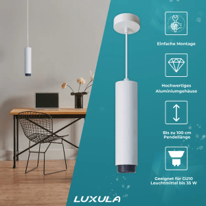 Moderne LUXULA Hängelampe in Zylinderform, weiß mit schwarzem Ring. Deckenleuchte für E27 Leuchtmittel.