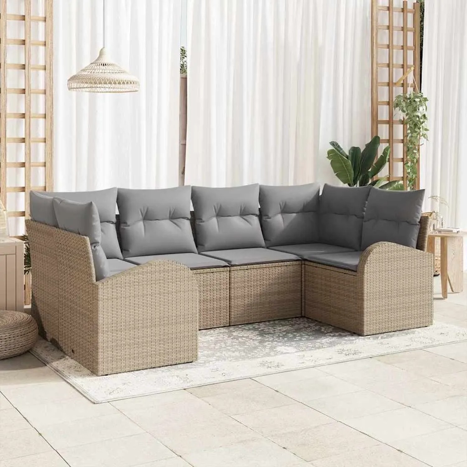 Beiges 6-teiliges Garten-Sofa-Set aus Polyrattan von vidaXL. Gartenmöbel für Terrasse und Garten.