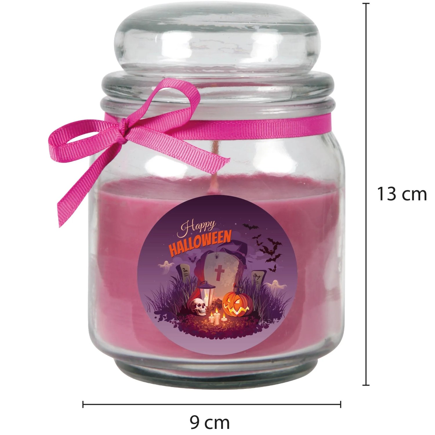 Lila Halloween Duftkerze im Glas mit Bonbon-Duft, verziert mit Schleife und Halloween-Motiv.